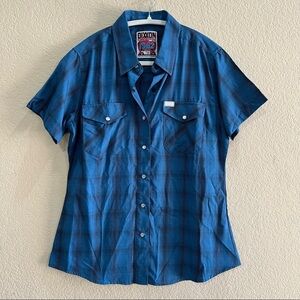 Dixxon Flannel Shirt Womens Sz M  Caicos Blue Black Plaid Short Sleeve Western